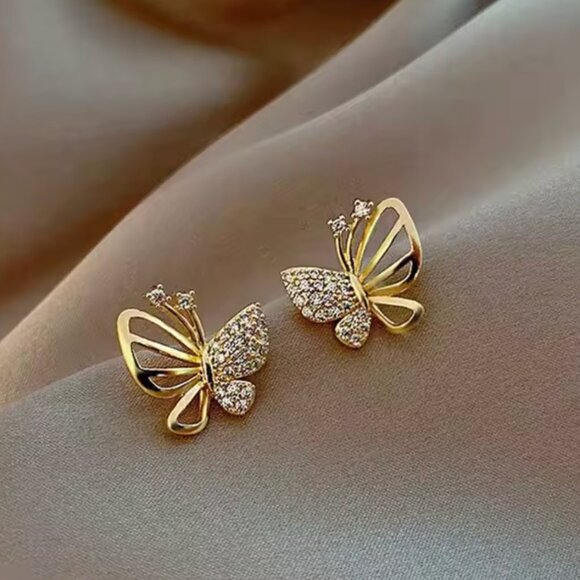 Elegant Gold OR Silver Color Cubic Zircon Butterfly Stud Earrings - Picture 4 of 9